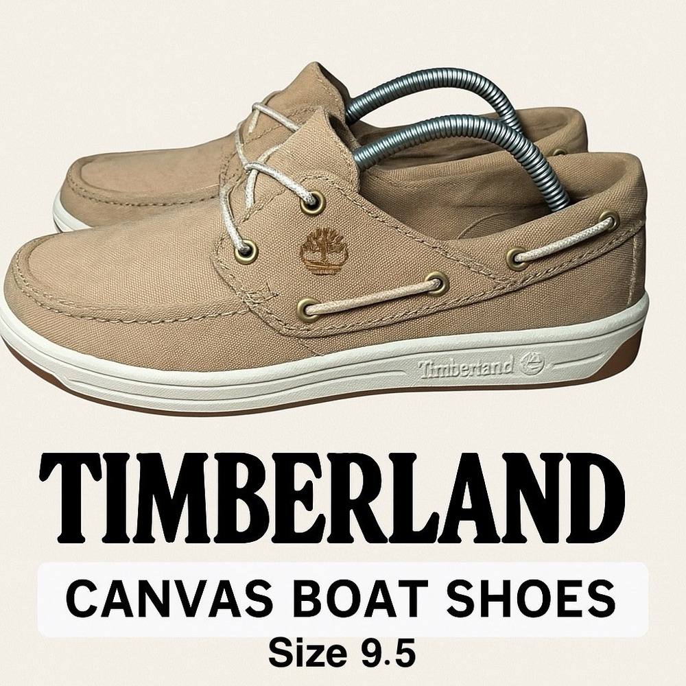 Timberland Boat Shoes Men's 9.5 Canvas Moc Toe Slip On Loafers Beige 56286